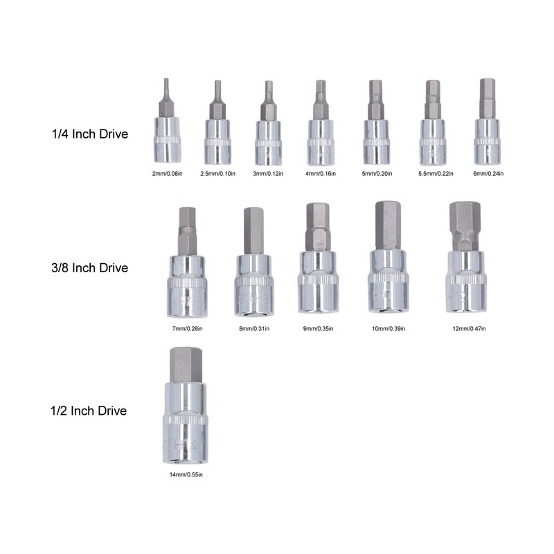 13 Pcs Hex Bit Socket Set 1/4 3/8 1/2 Inch