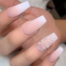 24Pcs Gradient Press on Nails Coffin Fake Nails Rhinestone with Matte Design Pink Medium Acrylic False Nails Full Cover Artificial Glue on Nails Stick on Nails for Women and Girls Nail Decoration