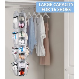 SLEEPING LAMB 8 Shelves Hanging Shoe Rack Hanger, Narrow Hanging Shoe Organizer for Closet Storage Clothes, Gloves, Bags, with 8 Large Mesh Pockets to Hold 16 Pairs Shoes in Dorm, Grey