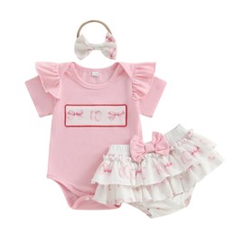 Baby Girl Baseball Outfit Ruffle Short Sleeve Bubble Romper Bow Plaid Tutu Skirt Newborn Summer Clothes Headband 0-18M (Pink, 6-12 Months)