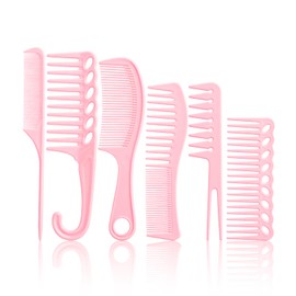 6PCS Professional Hair Comb Set for Women & Men Pink– Rat Tail, Wide & Fine Tooth Combs for Curly Hair, Braiding, Barber Styling, Cutting & Parting