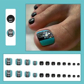 Pack of 24 Artificial Toenails French Short Square Butterfly False Toenails Gold Glitter Natural Full Cover Acrylic Stick on Toenails Kit for Women and Girls