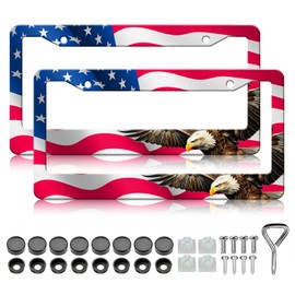 American Flag Eagle License Plate Frames - 2 Pack American Flag License Plate Holder,Stainless Steel Rust-Proof Waterproof Car Decorative Tag Frame with Screws Fasteners Caps