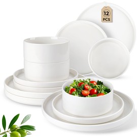 LERATIO Ceramic Dinnerware Sets for 4,12 Pieces Poreclain Plates and Bowls Sets,Scratch Resistant Dishes,Dishwasher & Microwave Safe Dishes Set,Service for 4-White