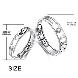 HOOHWE Moon and Star Matching Rings for Couples 925 Sterling Silver Adjustable Couple Rings Carved I LOVE YOU Promise Rings for Women Men