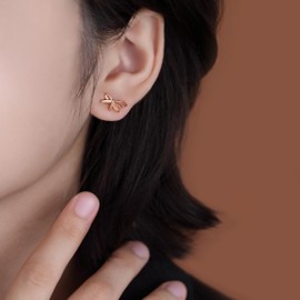 Reffeer Solid 925 Sterling Silver Bow Stud Earrings for Women Teens Small Ribbon Stud Earrings Bowknot (C-Rose Gold)