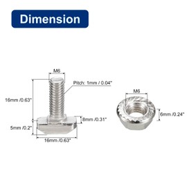 sourcing map M6 x 16 mm T Slot Mortise Bolt and M6 Hexagonal Flange Nut Set 10 Set Hammer Head T-bolt T Shape Bolt Sliding Screw for 30 Series Aluminium Profiles