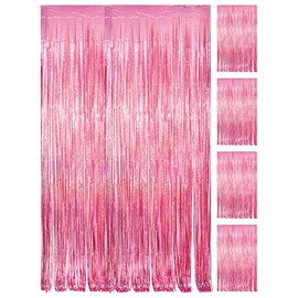PVEGOS 4PCs 3.3 x 8.3 ft Laser Pink Glitter Tinsel Curtains Foil Curtain Backdrop.Laser Luminescent Particles Foil Fun Fringe Streamers for Party Birthday Decoration,Engagement,School Events