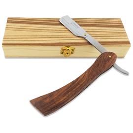 Common Wealth Pure Wood Handle Straight Edge Classic Folding Barber Shaving Razor Vintage Style With Wooden Case Display Box (Silver)