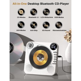 Greadio CD Player Portable with Bluetooth 5.0, Children's CD Player with Speaker, FM Radio, Remote Control, HiFi Sound, Dust Protection, AUX/USB Playback, Portable CD Player for Home (White)