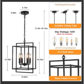 KOSTOMO 4-Light Black Farmhouse Chandelier Lantern Chandelier Light Fixture for Dining Room Kitchen Island Lighting Modern Pendant Light Fixtures for Bedroom Living Room Foyer