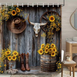 Farmhouse Western, cortina de ducha rústica para puerta de granero, color café, botas del suroeste, color amarillo, floral, cortina de baño de tela impermeable, accesorios de baño, juego de cortinas