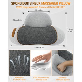 Spongiduits 3-in-1 Neck Massager Pillow,Massage Neck Hump - Heating, Vibration, Airbag Elevation & Memory Foam Support for Comfort (Grey)