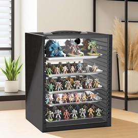 Miniature Storage Case for Collectibles Miniatures, Wooden Miniature Display Cases with 5 Trays, Transparent Front and Back for Better Display, Miniatures Transport Case, Black