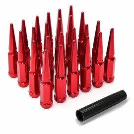 LUJIANI 1/2"-20 Wheel Spike Lug Nuts，24pcs 1/2-20 Locking Spiked Lug Nut with 1 Socket Key，4.4" Tall Red Acorn Lug Nut Replacement for Wrangler Cherokee Liberty