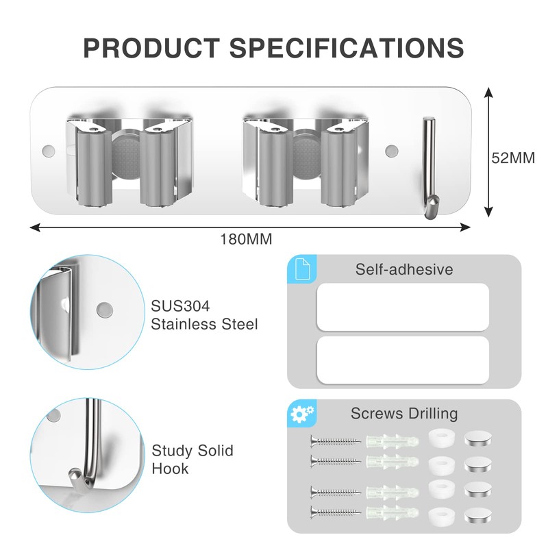 homeasy Wall Mount Mop and Broom Holder, Heavy Duty Stainless