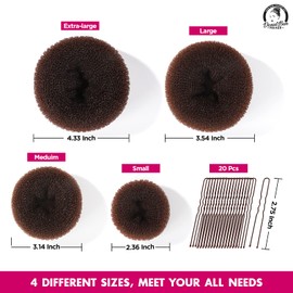 Brown Hair Donut, Teenitor 4 Sizes Donut Bun Maker with 20pcs 7cm Brown Bobby Pins, Extra-large & Large & Medium & Small Hair Bun Ring Style as Ballet Bun Kit for Dancer Ballerina Chignon Doughnut