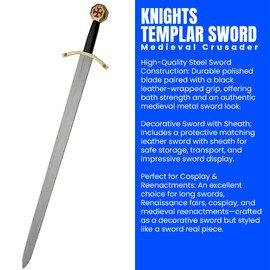 SZCO 37" Knights Templar Sword – Medieval Crusader Decorative Knight Sword with Black Leather Wrapped Handle & Matching Leather Scabbard for Adults, Cosplay & Display