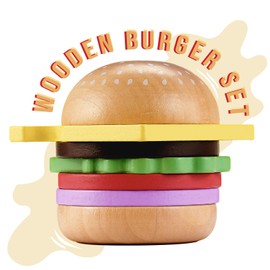 Pillowhale Wooden Play Food Toy for Kids Pretend Play Kitchen Accessories for Toddlers Wooden Play Fast Food Hamburger Set Educational Toys Gift for Boys Girls