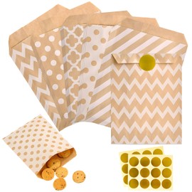 COREFUN Embalaje de Alimentos Biodegradable, 100 Bolsas de Papel Kraft para Caramelos Bolsas de Papel para Regalos de 5 Diferentes Patrones, Bolsas Planas para Galletas, Bocadillos, Dulces, Pan