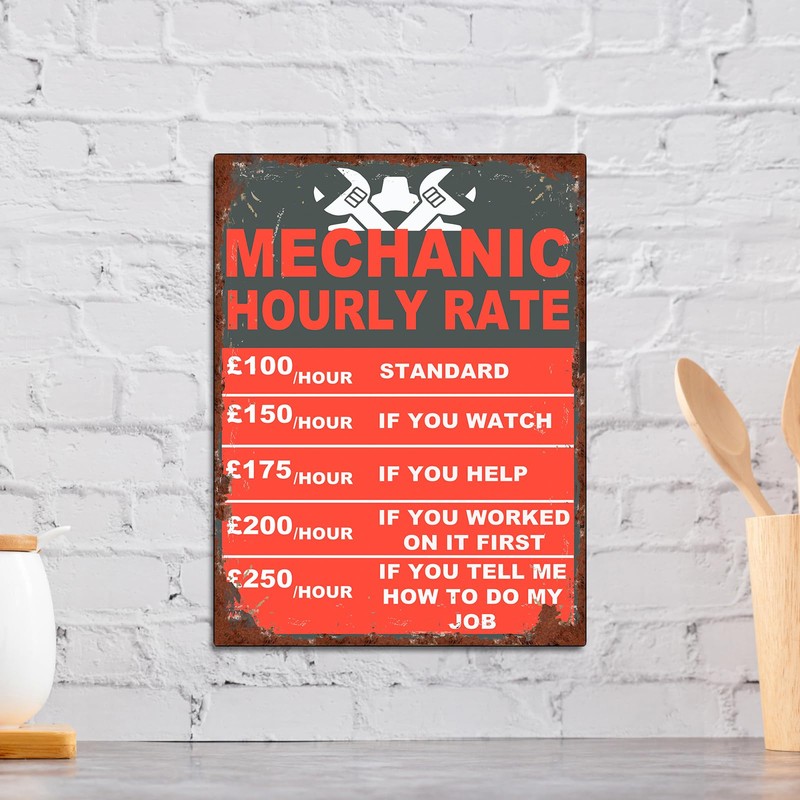 Mechanic Hourly Rate Funny Garage Sign Theme Retro style metal