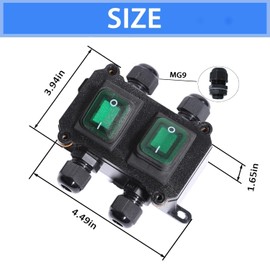 aikoolwer Inline Cord Switch DPST Toggle On Off Rocker Button Waterproof IP66 AC 250V 30A 125V 35A Heavy Duty with Green Light Outlet 4 Exits 4 Pin KCD4 Screws PG9 Box Outdoor
