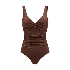 YAKISWIIM Glittery Chocolate Tummy Control One Piece Swimsuits for Women Slimming Bathing Suits V Neck Twist Push Up Swimwear