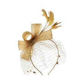 JNGUOSICN Fascinator Hat for Women Wedding Headband Elegant Feather Net Mesh Headwear Bridal Feather Hair Clip Accessories Retro Cocktail Tea Party Church Derby Hat Gold