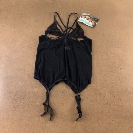 Escanté Escante Women's Medium Black Strappy Back Bustier Peek-a-Boo Cups & G-String NWT