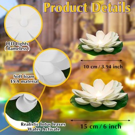 9 Luces Flotantes de Piscina con Pilas Linterna de Flor de Loto LED Luce de Piscina Realista de Espuma Artificial Almohadilla de Velas (Luz Blanca, Amarilla, 3.94 Pulgadas, 5.91 Pulgadas)