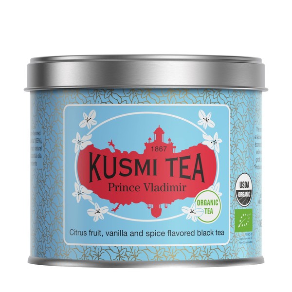Kusmi Tea - Prince Vladimir Organic - Citrus, Vanilla and Spices Flavored Black Tea - Metal Tea Tin 100g - Approximately 40 Cups