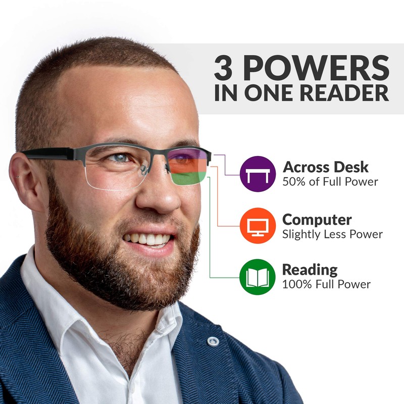 Mens Half Metal Rim Rectangular Multi 3 Power Focus Progressive