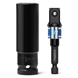 1/2 inch Drive Impact Socket Set Hakkin 19mm Deep 6-Point Impact Socket and 1/4" Hex Shank to 1/2" Drive Adapter Heavy Duty Chrome Vanadium Steel