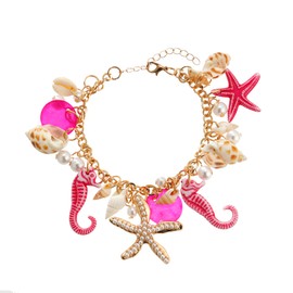 RUOFFETA Shell Starfish Necklace Bracelet Conch Statement Chunky Necklace Mermaid Costume Jewelry Beach Jewelry for Women(Bracelet Hot Pink)