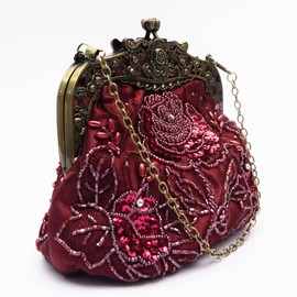 HeiDmai Women's Vintage Beaded Sequin Flower Evening Handbags Wedding Clutches Prom Cocktail Party Handbags (Wine Red)