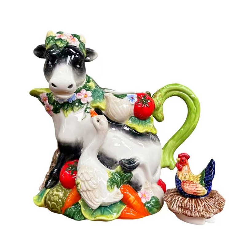 Minigift Farmhouse Cow Teapot with Rooster, Rustic Farm Animal Decorative