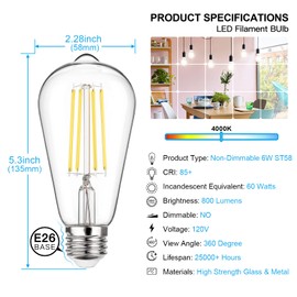 MAXvolador Vintage LED Edison Bulb 60W Equivalent 800LM, 6W ST58 Filament Light Bulbs, Neutral White 4000K, E26 Base, Non-Dimmable, Pack of 12