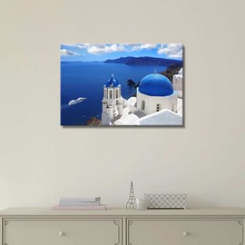 Beautiful Scenery Landscape Amazing Santorini with Churches and Sea View in Greece - Canvas Art Wall Art - 16" x 24"
