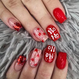 Christmas Press on Nails Square Medium Artificial Acrylic Fake Nails Heart Christmas Cane Design Full Cover Reusable Coffin Shaped Glossy False Nails, DIY Stick on Nails Set, Glue on Nails for Women