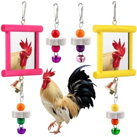 2 Pieces Chicken Mirror Toys Hanging Swing Mirror Toys with Bell Wooden Pecking Toy and 4 Pieces Beak Grinding Molar Stones for Hens Birds Parrots