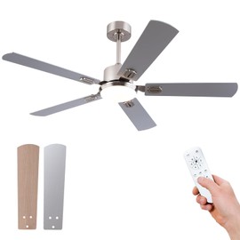 KENSID 52 Inch Ceiling Fans with Lights and Remote,Low Profile Modern Ceiling Fan with Light for Bedroom,5 Blade,3 Color LED Light,Reversible 6 Speeds,Memory Function,Quiet DC Motor,Brushed Nickel