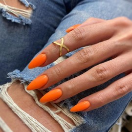 Orange Press on Nails Medium Length,KXAMELIE Gel Glue on Nails Almond Nails Press on,Natural Color Full Cover Stick on Nails for Women,Reusable Stiletto Nails Acrylic,Short Almond Nails Set in 12 Size