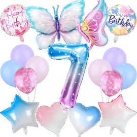 Butterfly Balloons, 7th Birthday Decorations for Girls Happy Birthday Balloons Butterfly Decorations Number 7 Birthday Balloons Large Foil Balloons Butterfly Star Heart Shape Balloons (17PCS)