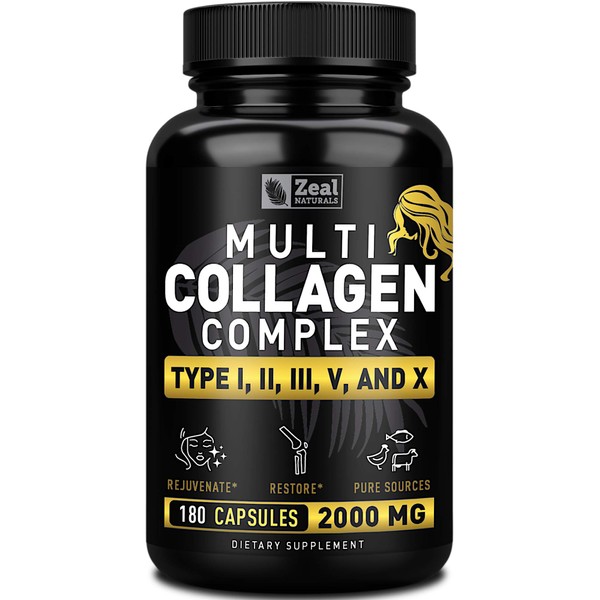 Multi Collagen Peptides Pills (Types Ⅰ,Ⅱ,Ⅲ,Ⅴ,Ⅹ) Grass Fed Collagen Pills (180 Capsules) - Hydrolysate Collagen Protein Blend for Hair, Skin, Nails, and Joint Support - Collagen Pills for Women