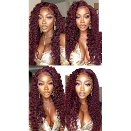 Niciitysi Color 99J Bundles Human Hair Burgundy Deep Wave Bundles 18 20 22 inch Double Weft Brazilian Wine Red Deep Curly Hair Extensions Soft and Silky for Women
