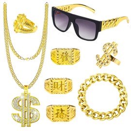 Pack of 8 Costume, 80/90s Outfit, Men's Hip Hop Costume Accessories, Hip Hop Dollar Necklace, Gangster Gang Sunglasses, Bracelets Ring, for 80s Outfit, Men's Carnival Party, Theme Party