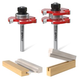 APIOLO Professional 2 PCS Tongue and Groove Router Bit Set 1/4 Inch Shank, 3 Teeth T Shape Wood Milling Cutter Woodworking Tools, for DIY Doors Tables Cabinets Shelves Furniture