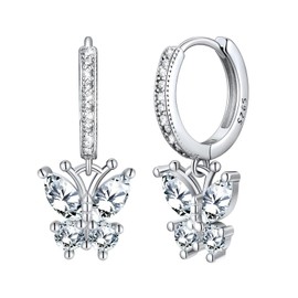 Butterfly Hoop Earrings for Women Girls, Hypoallergenic Huggie Hoop Earrings with Drop Cubic Zirconia Butterfly Dangling│Silver Hoops for Christmas Birthday Jewellery Gifts