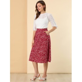 Allegra K Women's Floral Print A-Line Midi Skirt Chiffon Summer Vintage Skirts, Red, Large