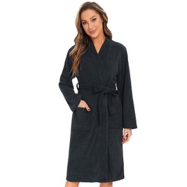 ROSYLINE Bath Robes for Women Terry Cloth Bathrobe Knee Length Bath Gown Soft Kimono Robes Black L